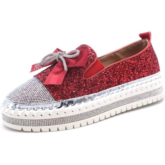 Shoes - Women's Red Rhinestone Slip On Walking Bowknot Glitter Bling Sneakers Shoes